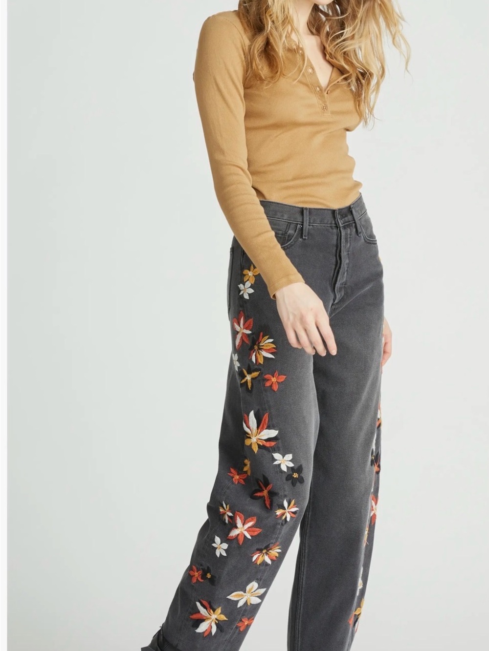 Driftwood Parker Floral Embroidered Black Wide Leg Jeans W30 L28